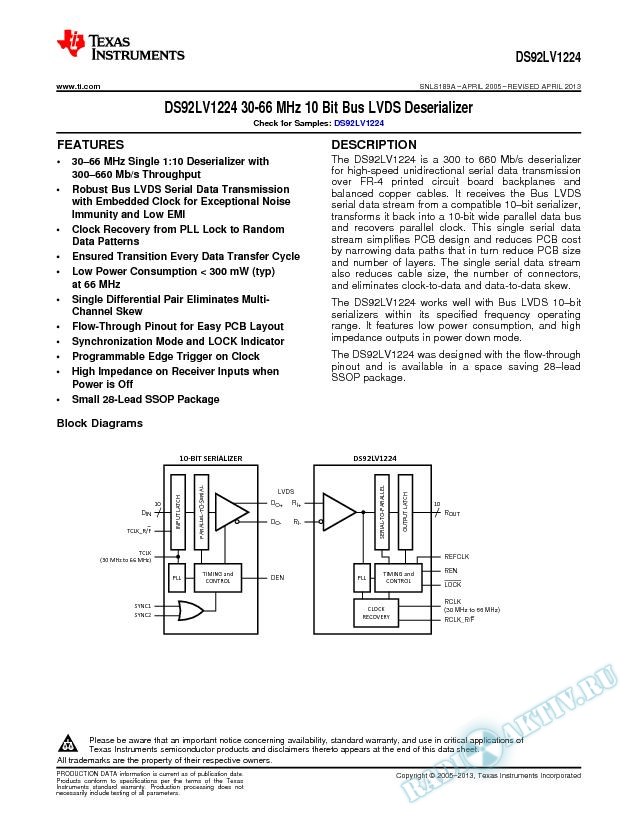 DS92LV1224 30-66 MHz 10 Bit Bus LVDS Deserializer (Rev. A)