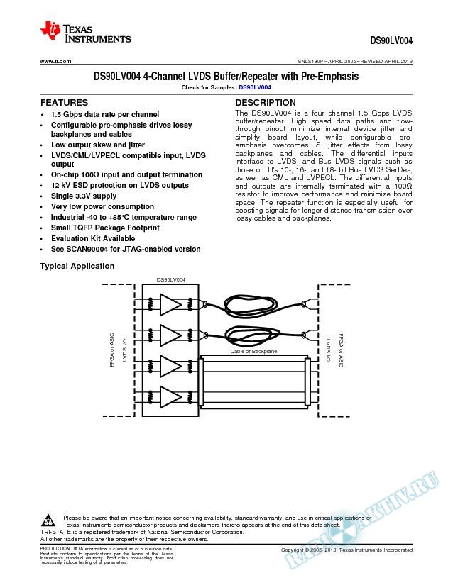 DS90LV004 4-Channel LVDS Buffer/Repeater with Pre-Emphasis (Rev. P)