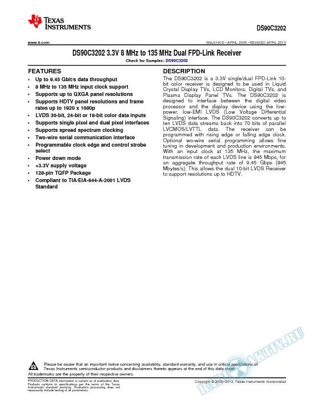 DS90C3202 3.3V 8 MHz to 135 MHz Dual FPD-Link Receiver (Rev. D)