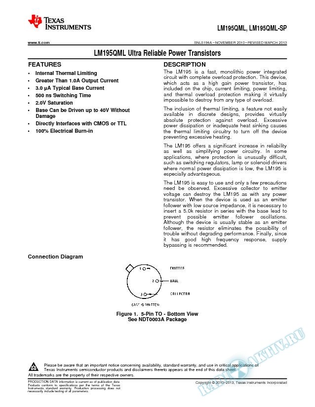 LM195QML Ultra Reliable Power Transistors (Rev. A)