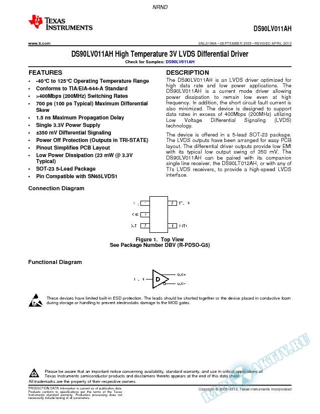 DS90LV011AH High Temperature 3V LVDS Differential Driver (Rev. A)