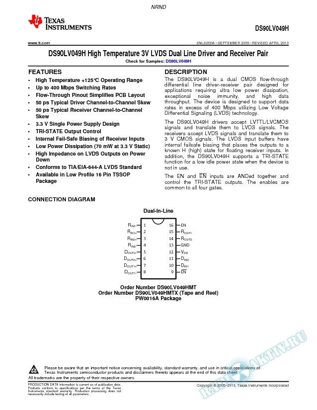 DS90LV049H High Temperature 3V LVDS Dual Line Driver and Receiver Pair (Rev. A)