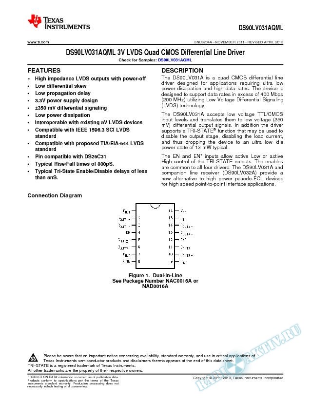 DS90LV031AQML 3V LVDS Quad CMOS  Differential Line Driver (Rev. A)