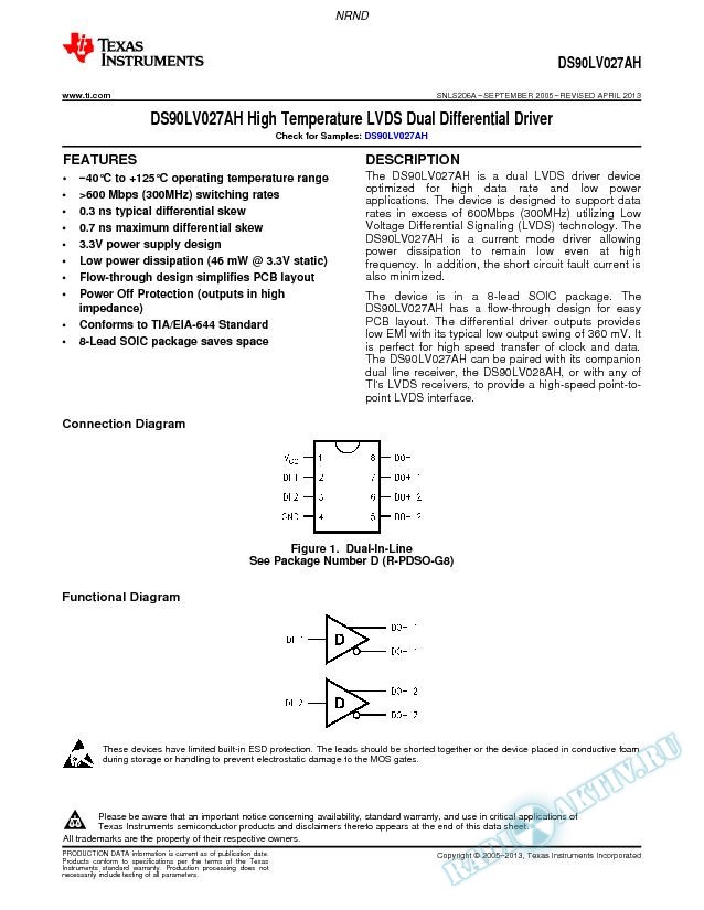 DS90LV027AH High Temperature LVDS Dual Differential Driver (Rev. A)