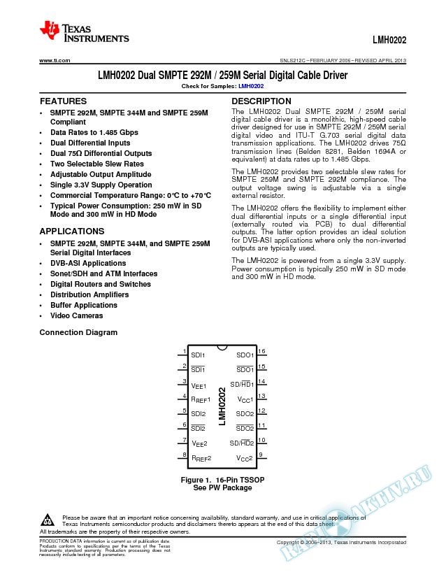 LMH0202 Dual SMPTE 292M / 259M Serial Digital Cable Driver (Rev. C)