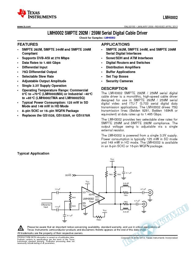 LMH0002 SMPTE 292M / 259M Serial Digital Cable Driver (Rev. E)