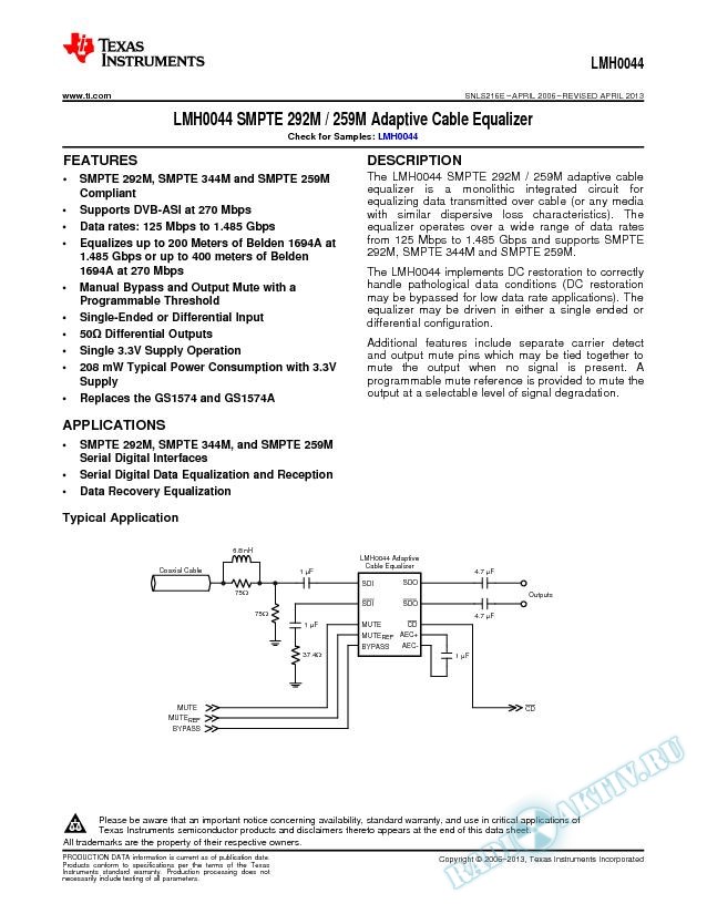 LMH0044 SMPTE 292M / 259M Adaptive Cable Equalizer (Rev. E)