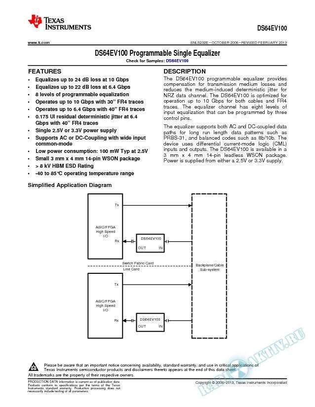 DS64EV100 Programmable Single Equalizer (Rev. E)