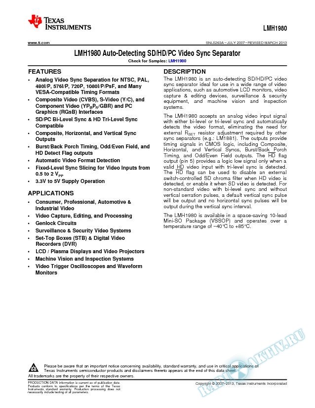 LMH1980 Auto-Detecting SD/HD/PC Video Sync Separator (Rev. A)