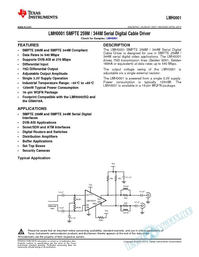 LMH0001 SMPTE 259M / 344M Serial Digital Cable Driver (Rev. C)