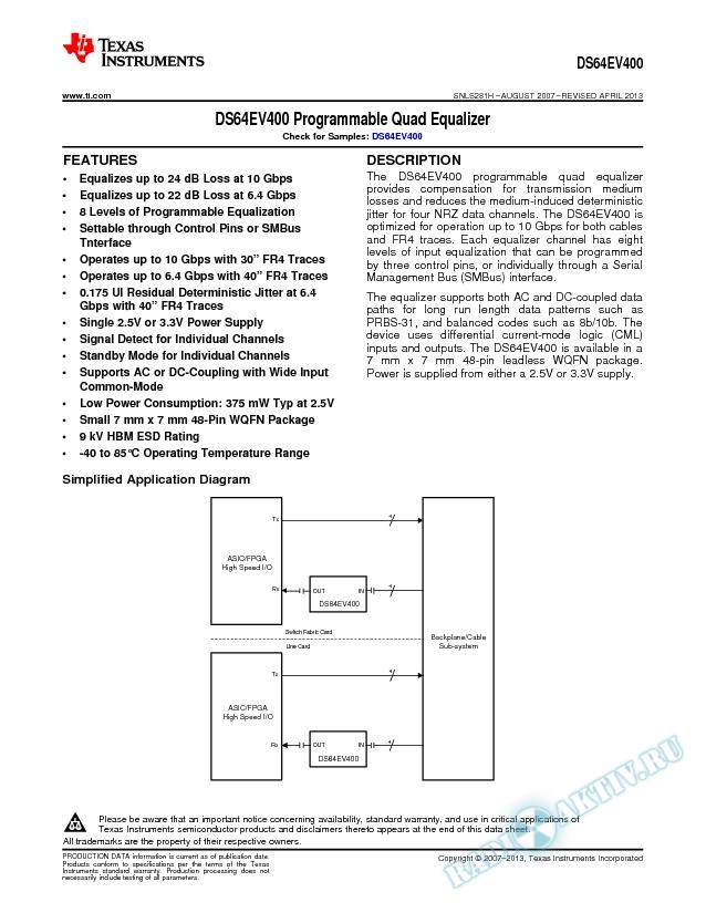 DS64EV400  Programmable Quad Equalizer (Rev. H)