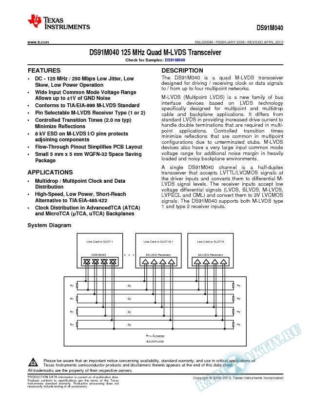 DS91M040 125 MHz Quad M-LVDS Transceiver (Rev. M)