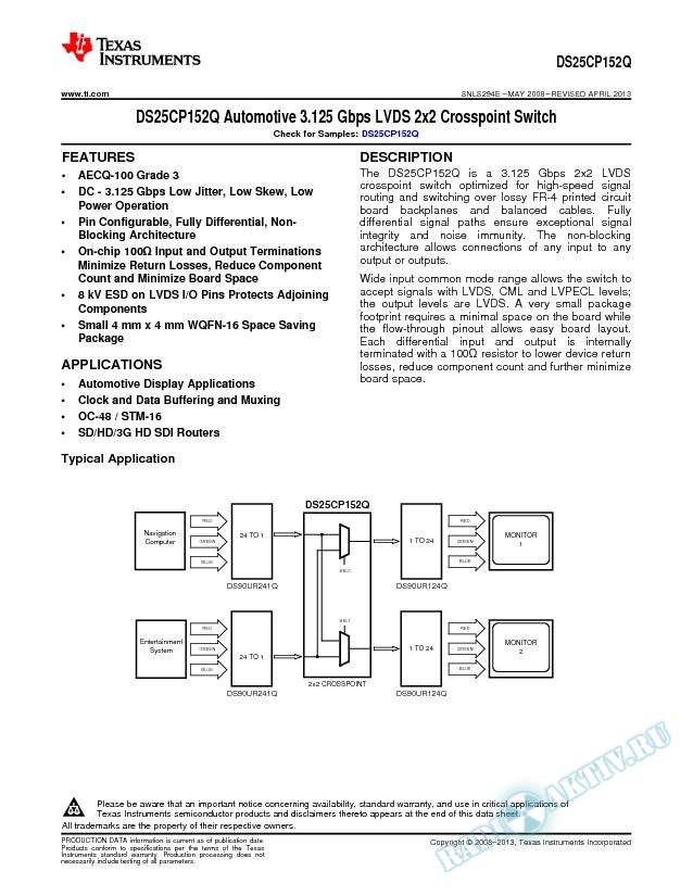 DS25CP152Q Automotive 3.125 Gbps LVDS 2x2 Crosspoint Switch (Rev. E)