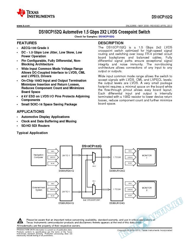 DS10CP152Q Automotive 1.5 Gbps 2X2 LVDS Crosspoint Switch (Rev. E)