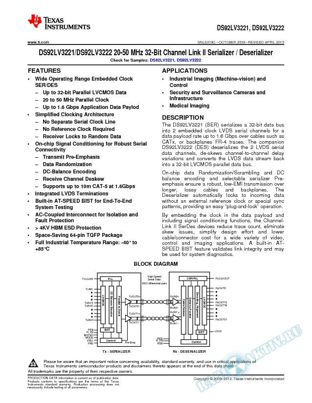 DS92LV3221/3222 20-50 MHz 32-Bit Channel Link II Serializer / Deserializer (Rev. C)