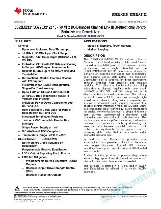 DS92LX2121/22 10 - 50 MHz DC-Balanced Ch Link III Bi-Directional Control SER/DES (Rev. I)