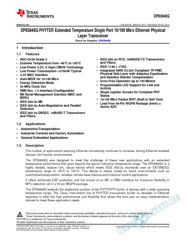 PHYTER Extended Temp Single Port 10/100 Mb/s Ethernet Physical Layer Transceiver (Rev. B)