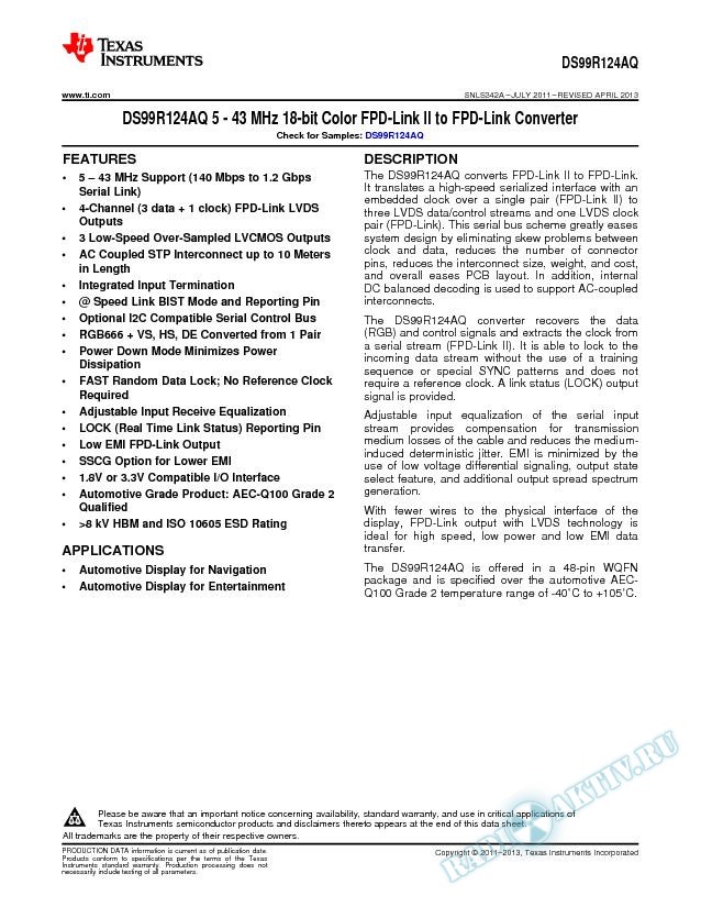 DS99R124AQ 5 - 43 MHz 18-bit Color FPD-Link II to FPD-Link Converter (Rev. A)