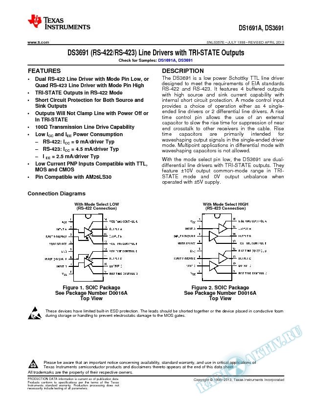 DS1691A/DS3691 (RS-422/RS-423)  Line Drivers with  TRI-STATEOutputs (Rev. E)
