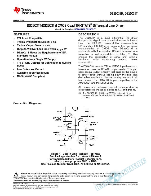 DS26C31T/DS26C31M CMOS Quad TRI-STATE Differential Line Driver (Rev. B)