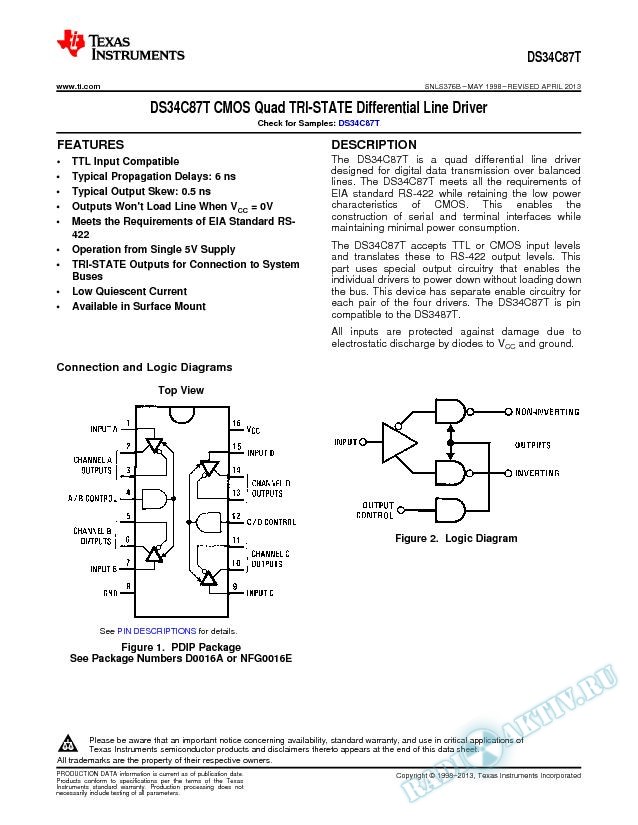DS34C87T CMOS Quad TRI-STATE Differential Line Driver (Rev. B)