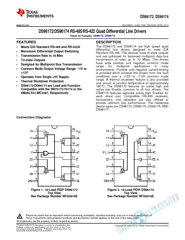 DS96172/DS96174 RS-485/RS-422 Quad Differential Line Drivers (Rev. D)