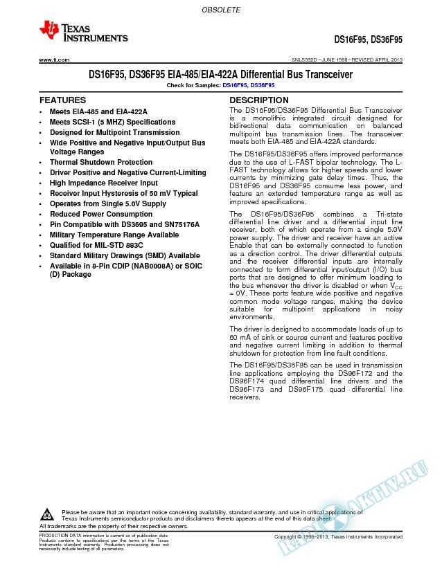 DS16F95, DS36F95 EIA-485/EIA-422A Differential Bus Transceiver (Rev. D)