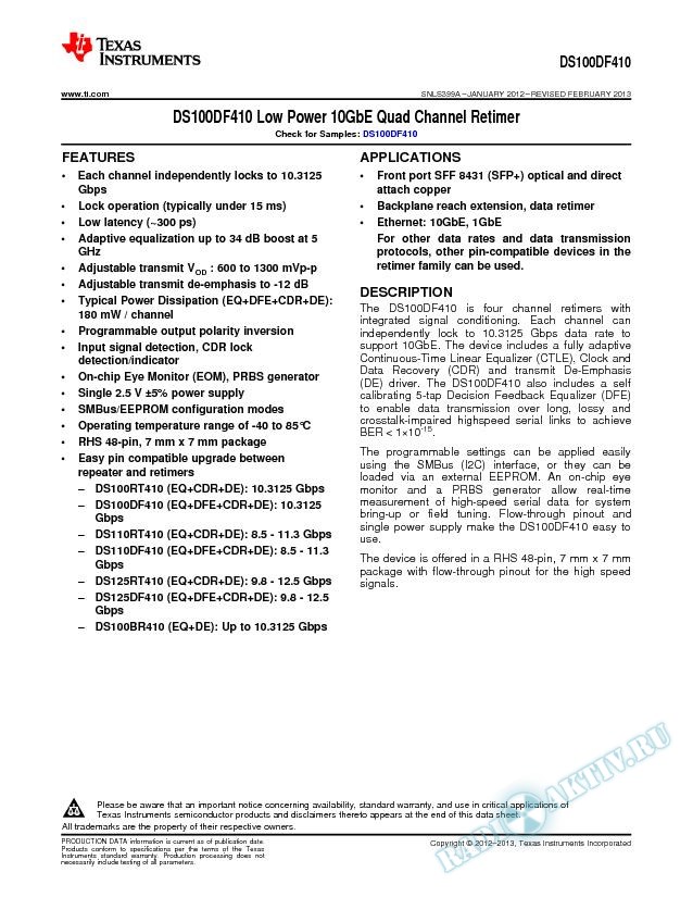 DS100DF410 Low Power 10GbE Quad Channel Retimer (Rev. A)