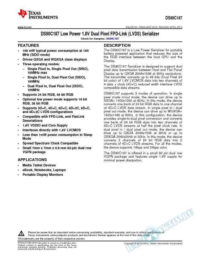DS90C187 Low Power 1.8V Dual Pixel FPD-Link (LVDS) Serializer (Rev. B)