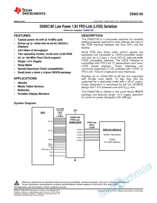 DS90C185 Low Power 1.8V FPD-Link (LVDS) Serializer (Rev. D)