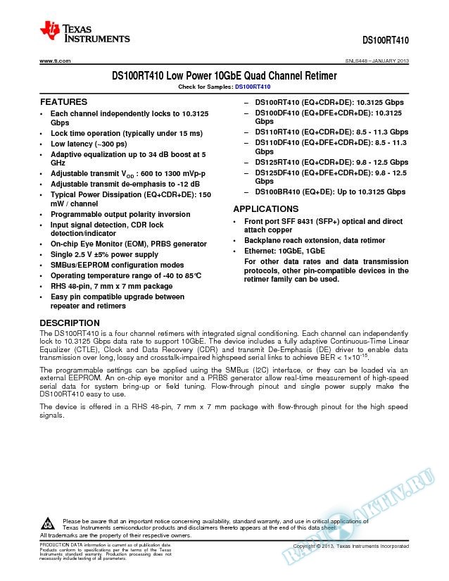 DS100RT410 Low Power 10GbE Quad Channel Retimer