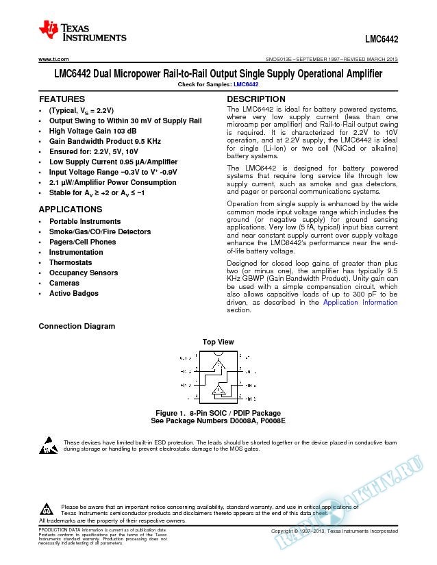 LMC6442 Dual Micropower Rail-to-Rail Output Single Supply Operational Amplifier (Rev. E)