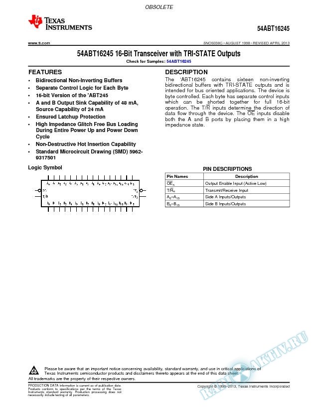 54ABT16245 16-Bit Transceiver with  TRI-STATE  Outputs (Rev. C)