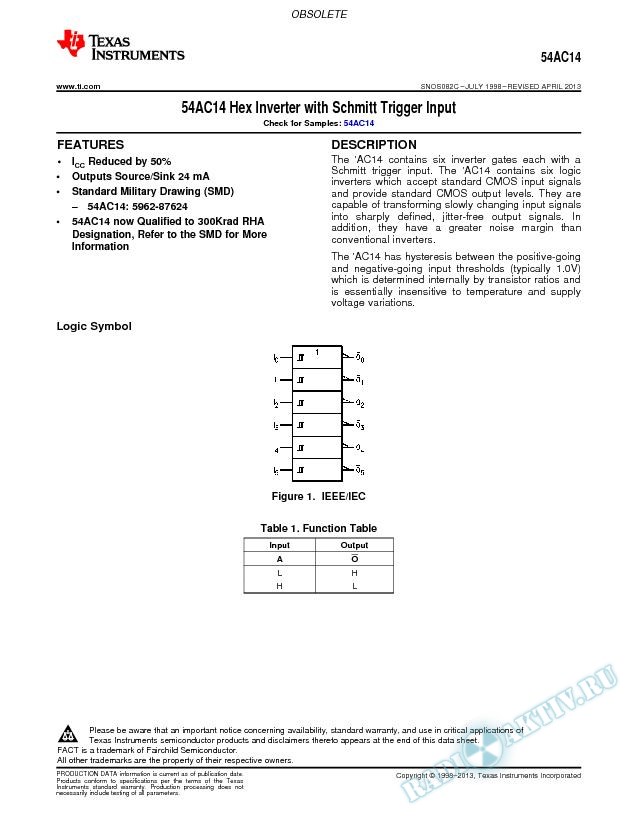 54AC14 Hex Inverter with Schmitt Trigger Input (Rev. C)