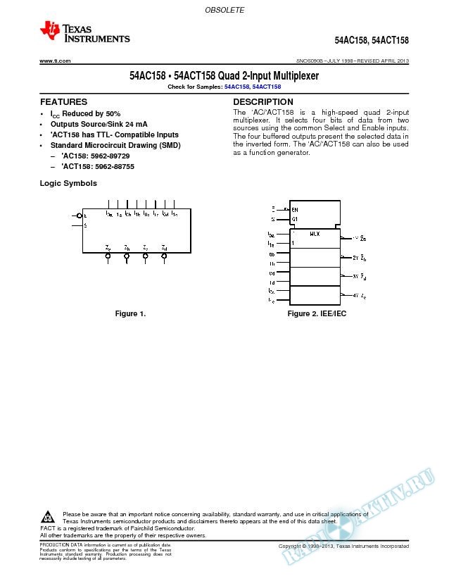 54AC158, 54ACT158 Quad 2-Input Multiplexer (Rev. B)