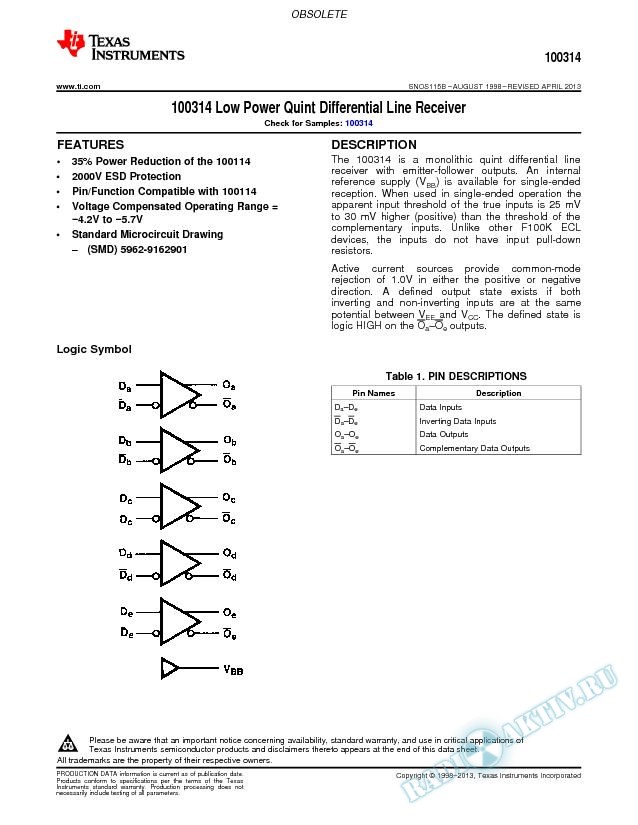 100314 Low Power Quint Differential Line Receiver (Rev. B)