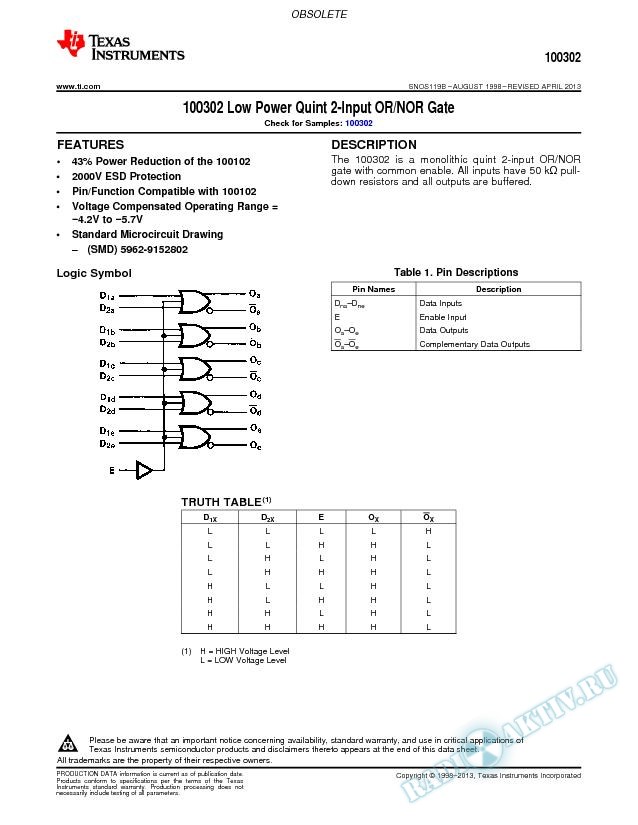 100302 Low Power Quint 2-Input OR/NOR Gate (Rev. B)