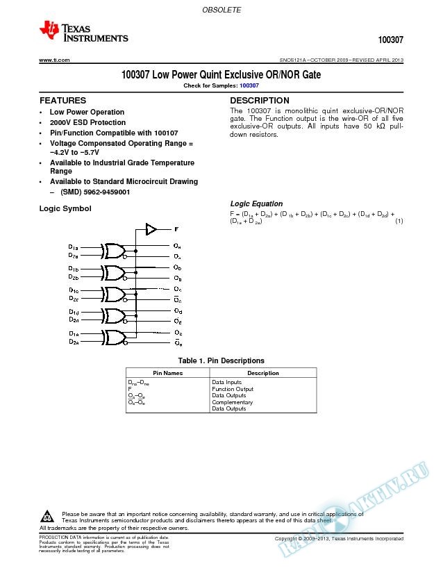 100307 Low Power Quint Exclusive OR/NOR Gate (Rev. A)