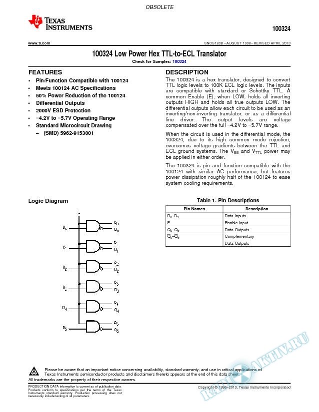 100324 Low Power Hex TTL-to-ECL Translator (Rev. B)