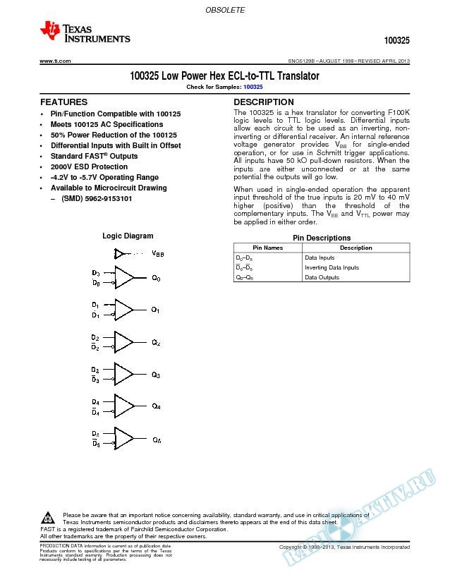100325 Low Power Hex ECL-to-TTL Translator (Rev. B)