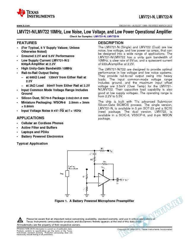 LMV721/LMV722 10MHz, Low Noise, Low Voltage, and Low Pwr Op Amp (Rev. H)