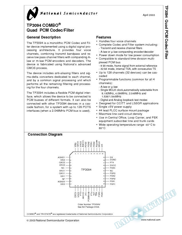TP3094 COMBO Quad PCM Codec/Filter (Rev. B)