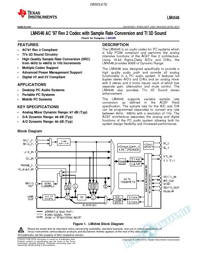 LM4546 AC `97 Rev 2 Codec w/Samp Rate Convrsn and TI 3D Sound (Rev. D)