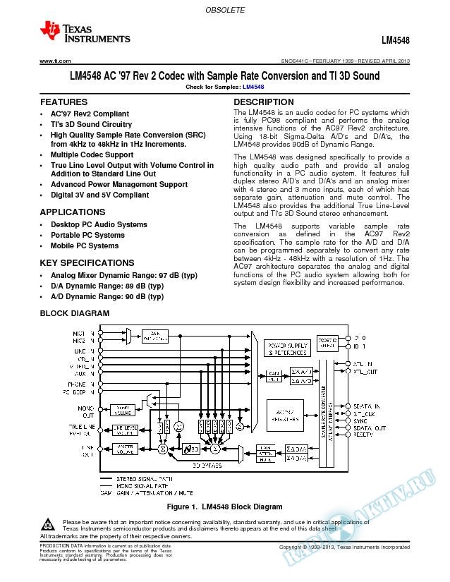 LM4548 AC `97 Rev 2 Codec with Sample Rate Conversion and  National 3D Sound (Rev. C)