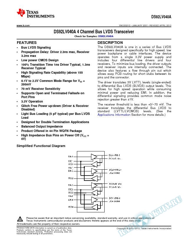 DS92LV040A 4 Channel Bus LVDS Transceiver (Rev. D)