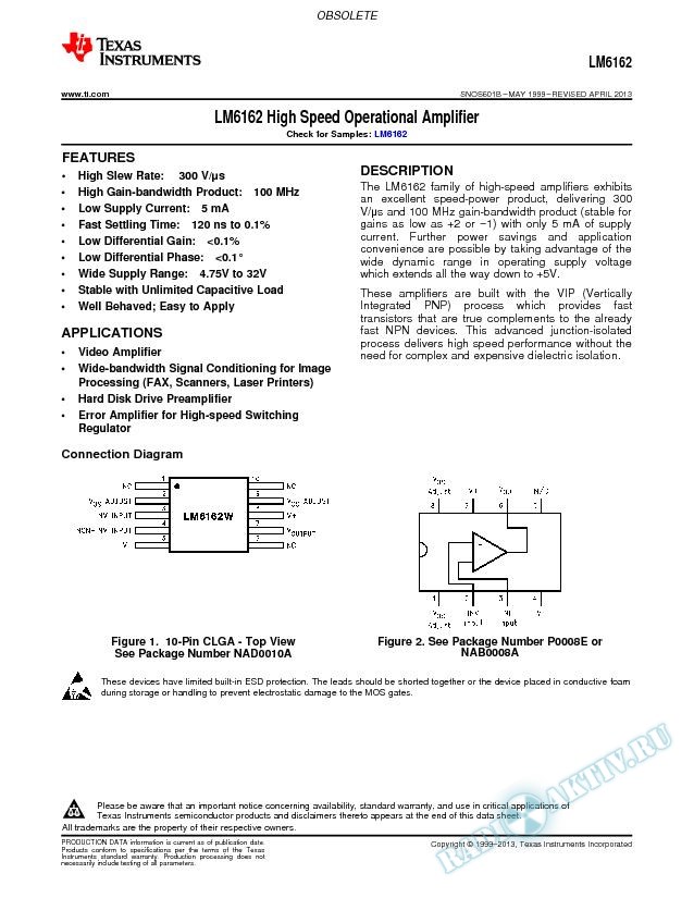 LM6162 High Speed Operational Amplifier (Rev. B)