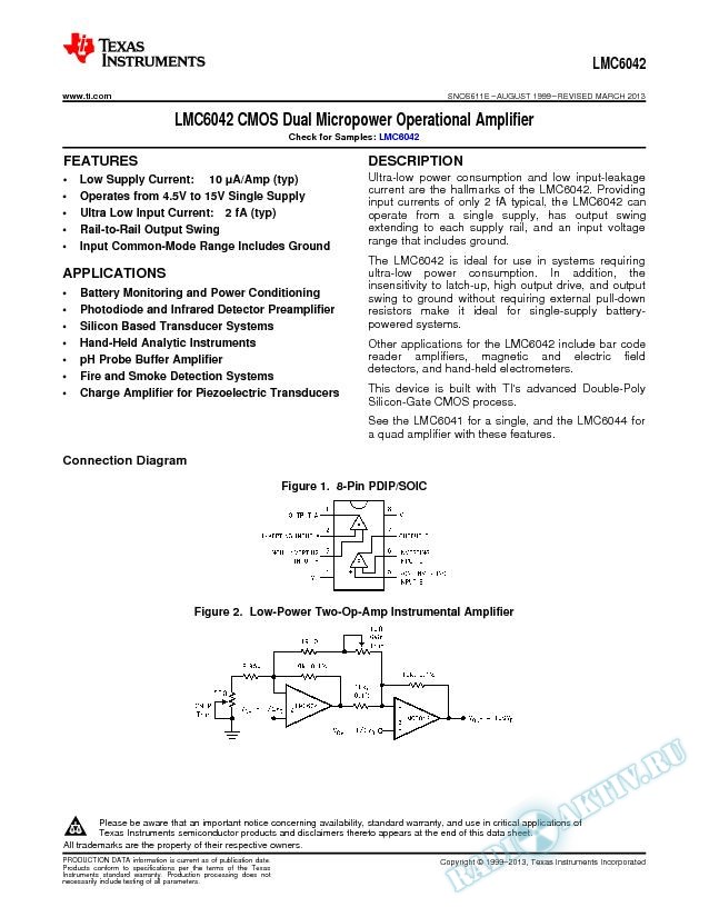 LMC6042 CMOS Dual Micropower Operational Amplifier (Rev. E)