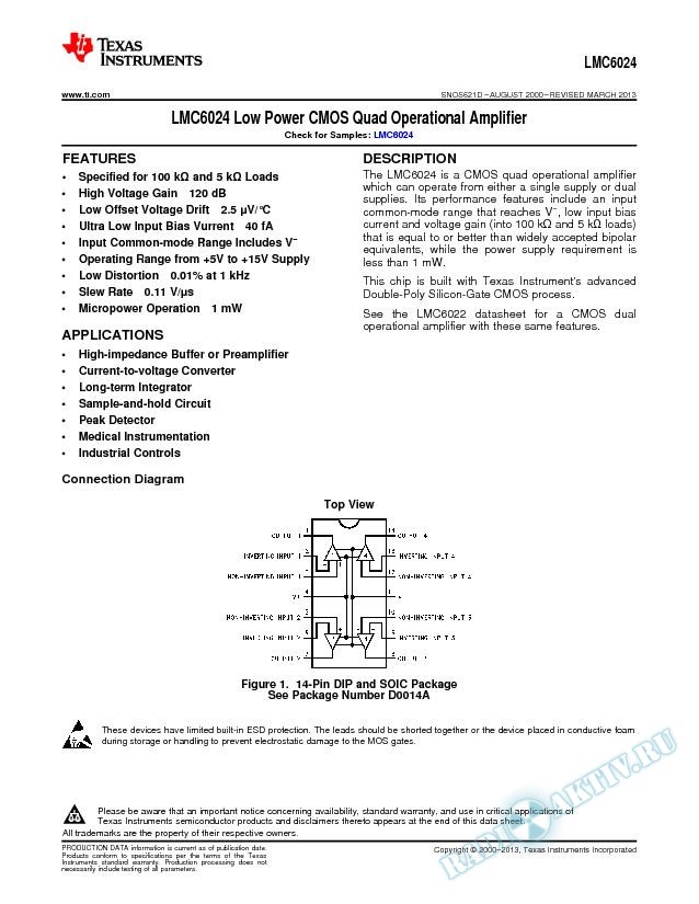 LMC6024 Low Power CMOS Quad Operational Amplifier (Rev. D)
