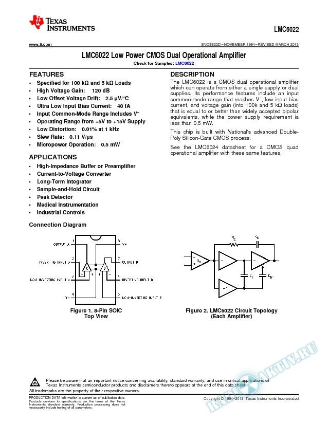 LMC6022 Low Power CMOS Dual Operational Amplifier (Rev. D)