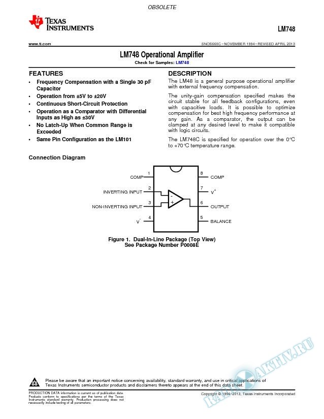 LM748 Operational Amplifier (Rev. C)